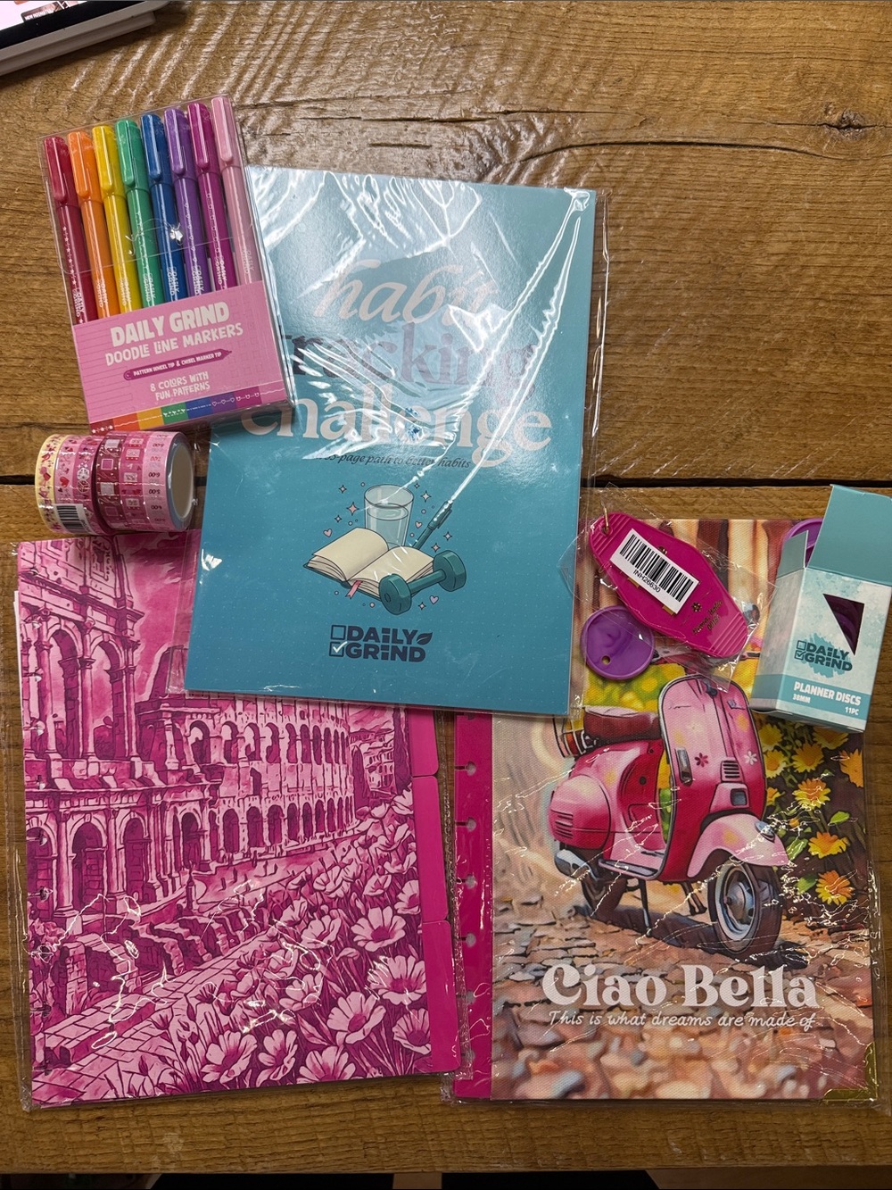 The Daily Grind Planner, habit tracker, dividers, markers and washi
